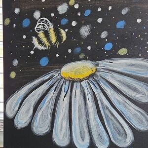 Floral Bee Canvas Art - Black, White, Yellow